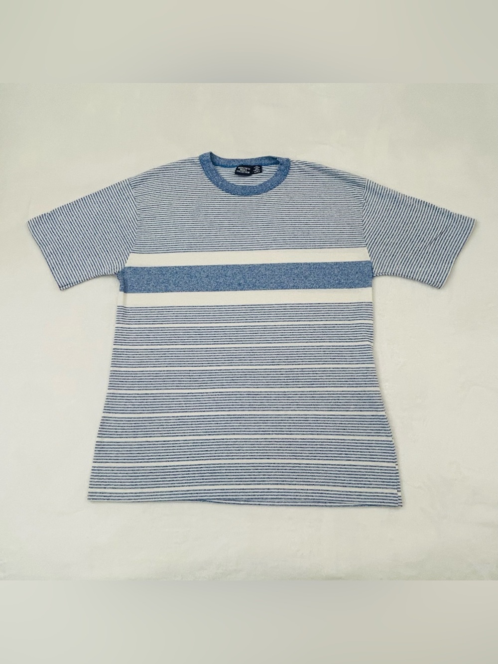 Vintage 80s-90s Mervyn's Men’s Collection Blue & White Striped Tee Shirt Size XL